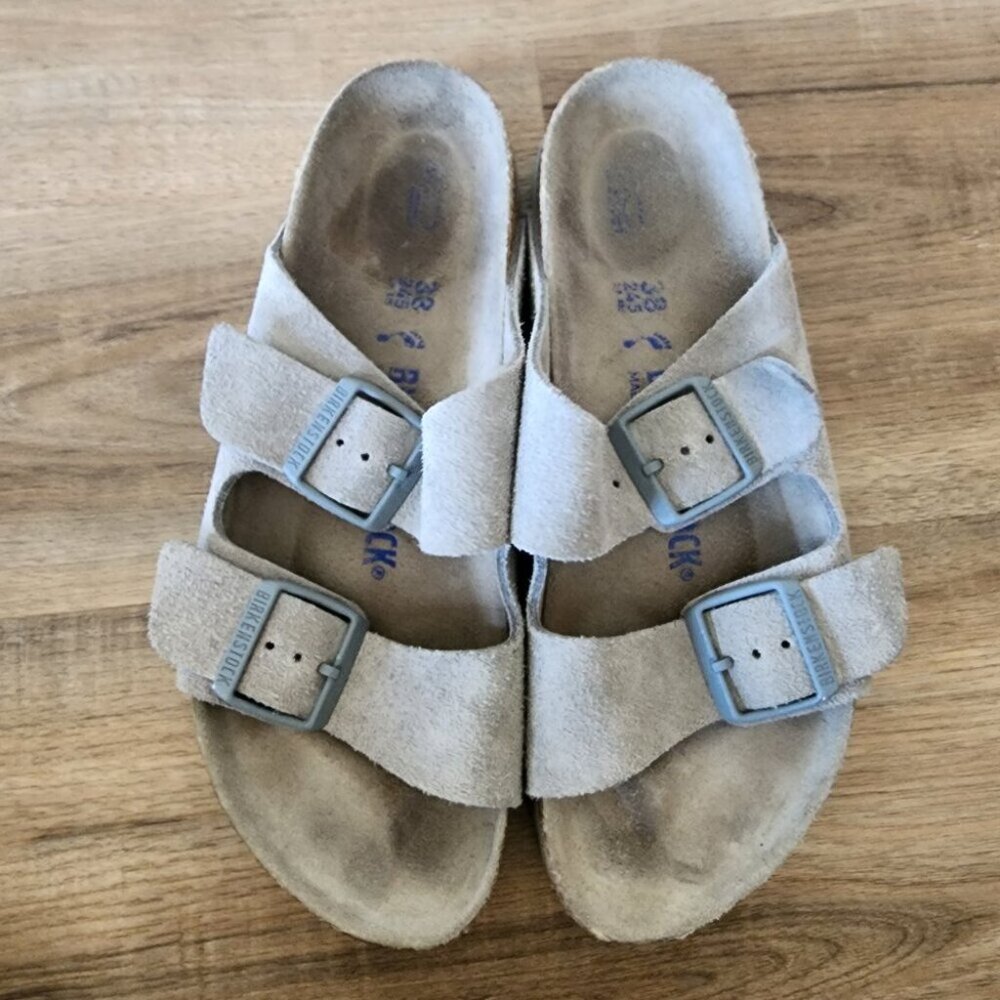 Birkenstock Arizona Sandals, Grey Suede Cork Sandals - Picture 4 of 10